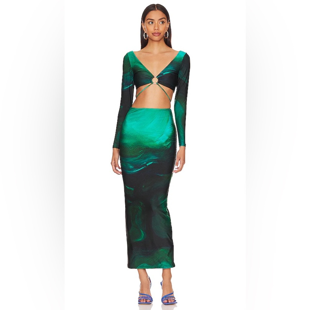 Revolve green abstract print long sleeve crop and matching midi/maxi skirt
